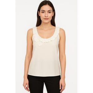 Ann Taylor Blouse White Medium Petite Sleeveless Ruffled Neck Floral Applique